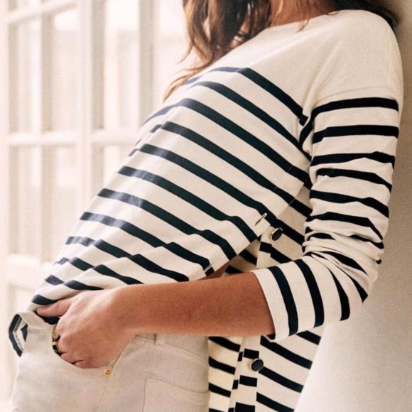 Sezane Tops - Sezane Noan Mariniere Cream Navy Stripe Pullover Side Button Top Shirt Sz MEIDUM
